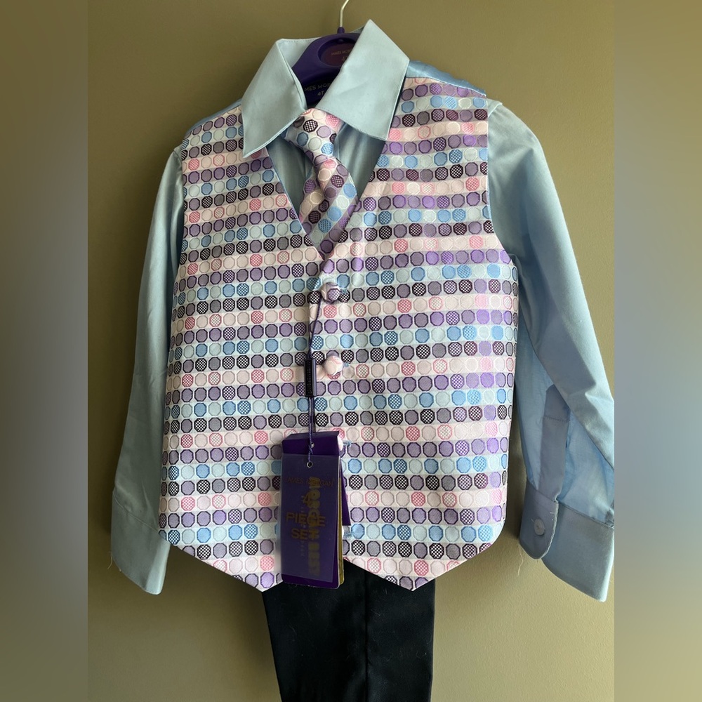 Elegant Kids full dress clothes set  shirt vest pants tie- Pastel Blue pink 4